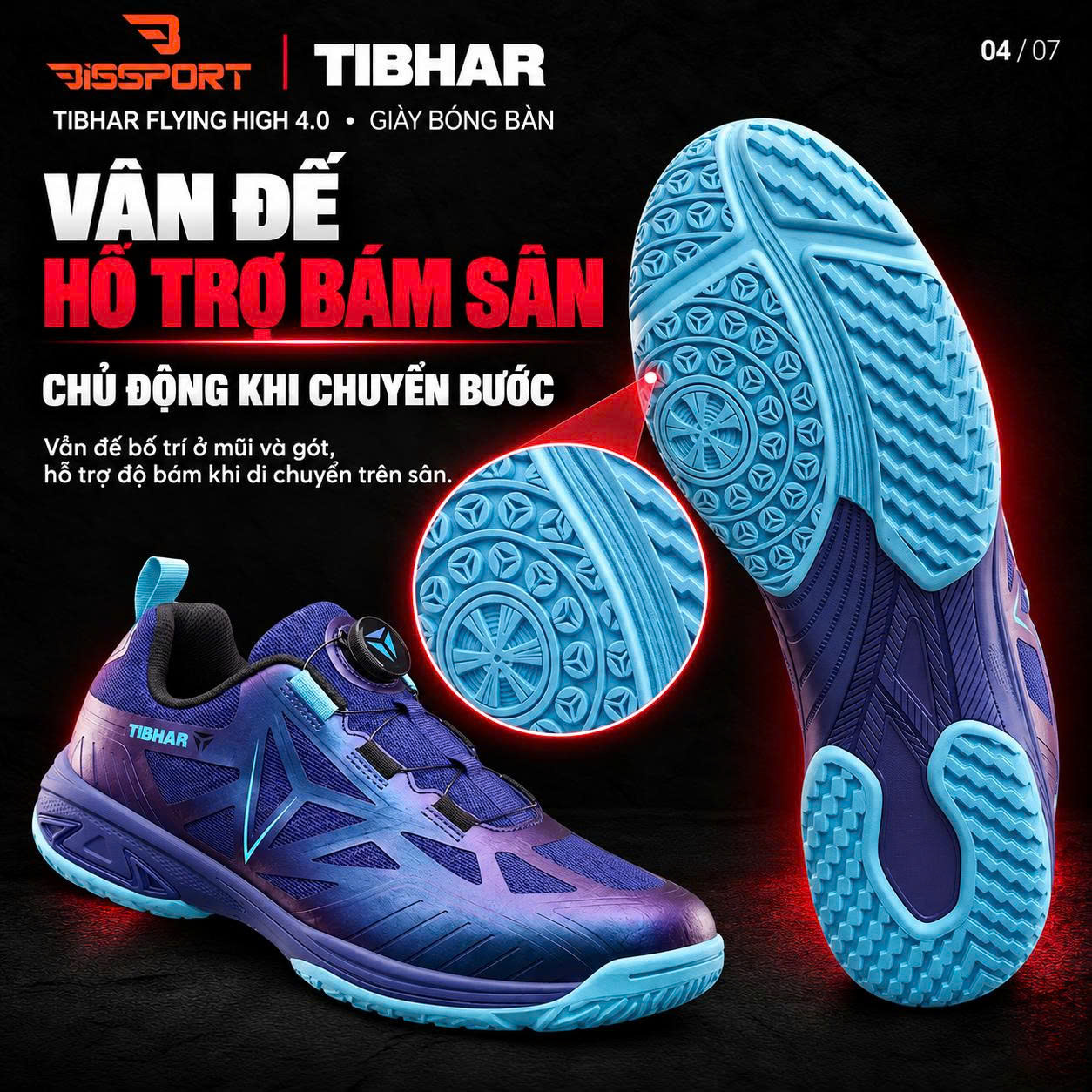 Giày Bóng Bàn TIBHAR Flying High 4.0 02603 Chính Hãng - Xanh Dương - Nhẹ Và Bám Sàn - Thoáng Khí - Chống Trượt